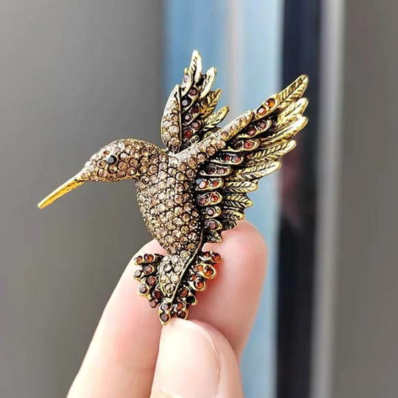Hummingbird Brown Crystal Pin Brooch - Picture 2 of 10